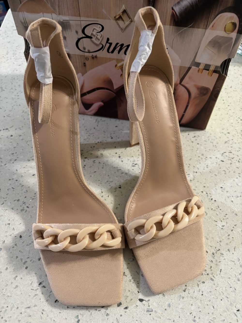 Ermonn Nude Chain-Accent Ankle-Strap Heels